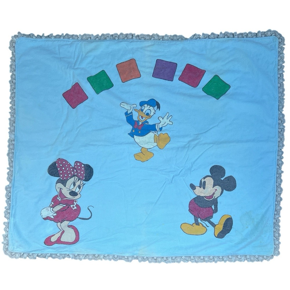 VTG Handmade Disney Baby Blanket Mickey Minnie Donald Duck Blue Flannel Lace
